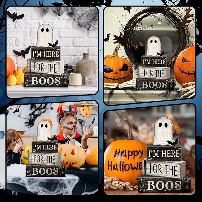 Lineshading 4 Pcs Halloween Table Decoration Ghost Wooden Tiered Tray Decor | Stacked Blocks with Ghost, Rustic Wood, For Tabletop Shelf Mantel, Halloween Farmhouse Home Styling, Gift Ready