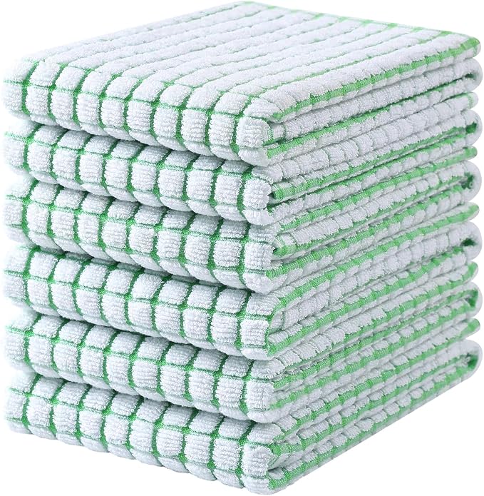 Mordimy Premium Cotton Kitchen Towels 16"x 25", Green Check Design, 6 Pack | Super Absorbent Terry Kitchen Hand Towels, Large Natural Ring Spun 360 GSM Dish Towels, Soft Tea Towels with Hanging Loop