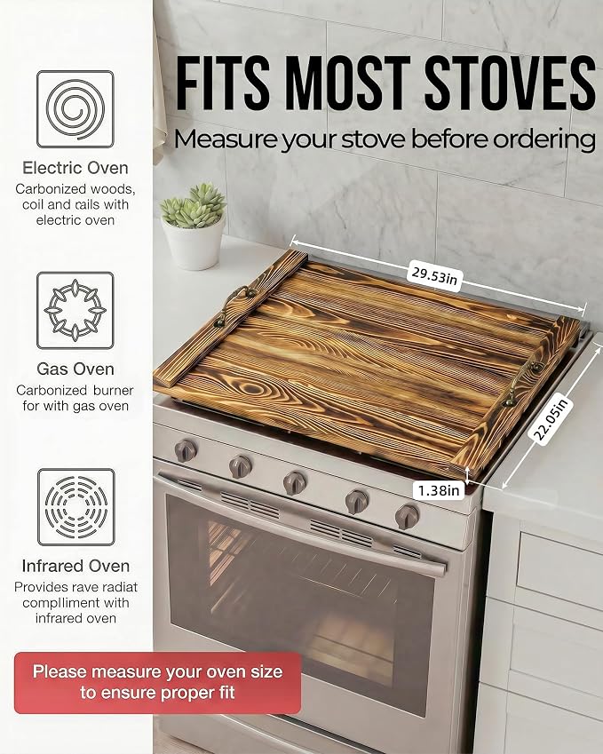 Natural Wood Noodle Board Stove Cover, Wooden Stove Top Cover for Electric and Gas Stove, Decorative Rustic Kitchen Serving Tray