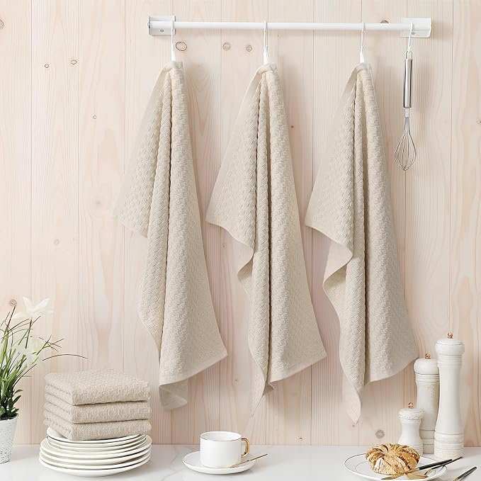 Homaxy 100% Cotton Terry Kitchen Towels(15" x 25", 4 Pack), Beige | Soft and Super Absorbent Dish Towels, 380 GSM Reusable Tea Towel with Hanging Loop, Pineapple Grid Designed