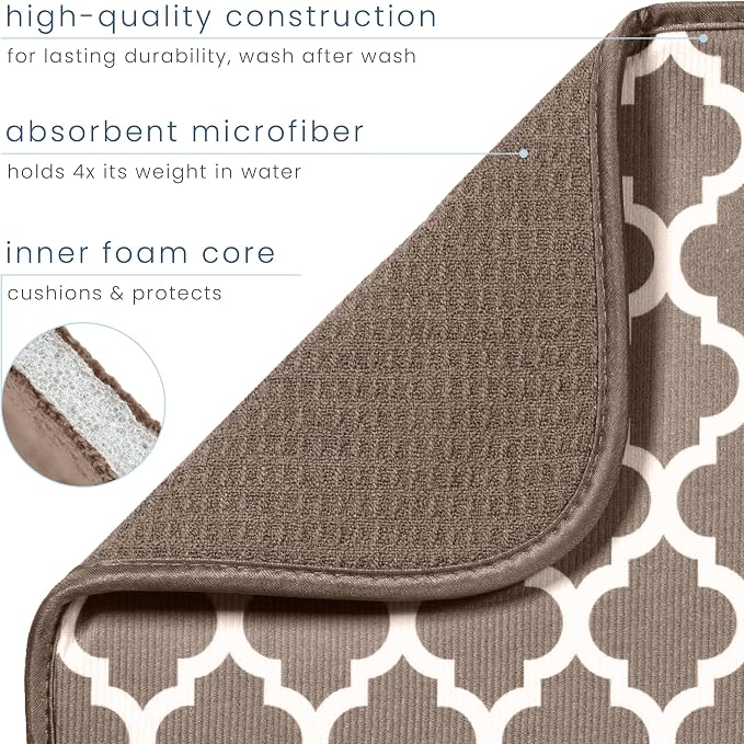 S&T INC. Dish Drying Mat, 18" x 24", XL, Tan Trellis | Absorbent Microfiber, Extra Large Kitchen Counter Mat for Dishes, Utensils, Pots and Pans, Machine Washable