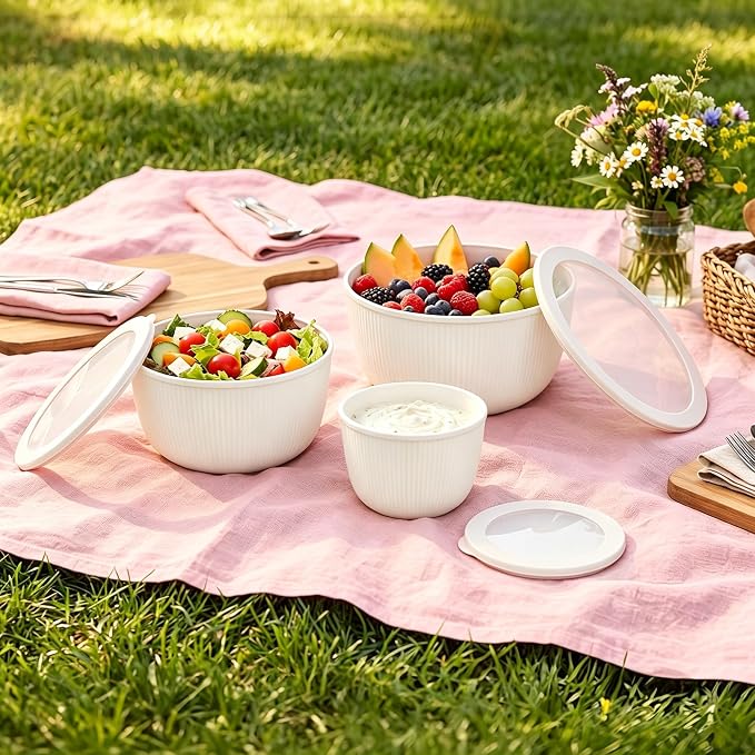 BoxedHome Plastic Mixing Bowls with Lids Set,4.97QT Large Capacity Deep Nesting Bowl,8 Pieces Set BPA-Free Prep Bowls,Dishwasher & Microwave Safe,Beige