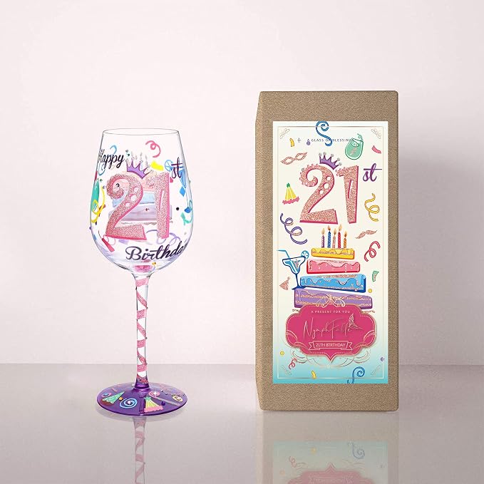 NymphFable 21st Birthday Hand-Painted Wine Glass Gift for Her, 15 oz | Gift-Boxed for Her 21st Birthday, Hand-Blown Goblet, Artisan-Painted Milestone Number Art, Everyday Use, Hand Wash Only