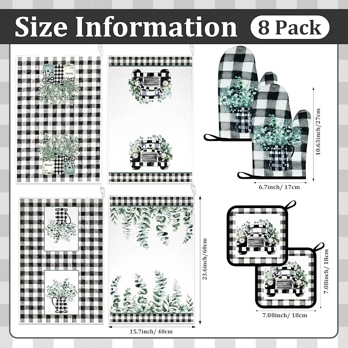 8 Pcs Kitchen Towels Pot Holders and Oven Mitt Set Kitchen Accessories 4 Dish Towels 2 Absorbent Square Potholders 2 Heat Resistant Glove for Cooking Baking Home (Green(Eucalyptus Leaf))