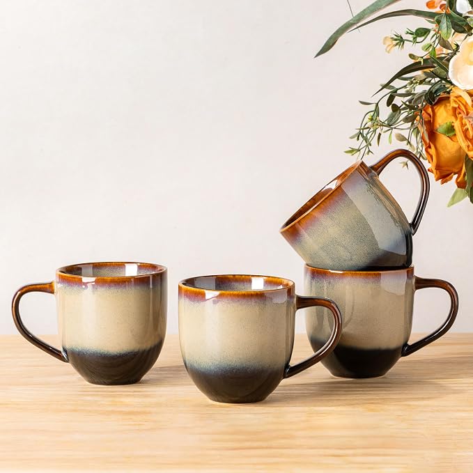 theterra Ceramic Coffee Mugs Set of 4, 12 oz Coffee Cups with Handle | Handmade, Suitable for Latte, Tea, Milk, Beer & Hot Cocoa, Mocha Brown
