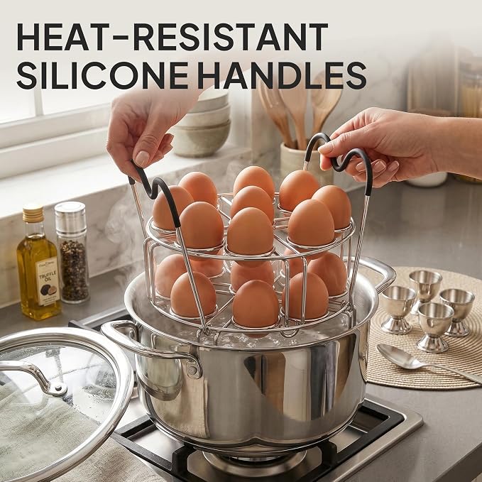Stackable Egg Steamer Rack Holds 18 Eggs with Handles, Stainless Steel Instant Pot Trivet Fits 6qt/8qt Pressure Cooker, 2-in-1 with Skewers for Grilling