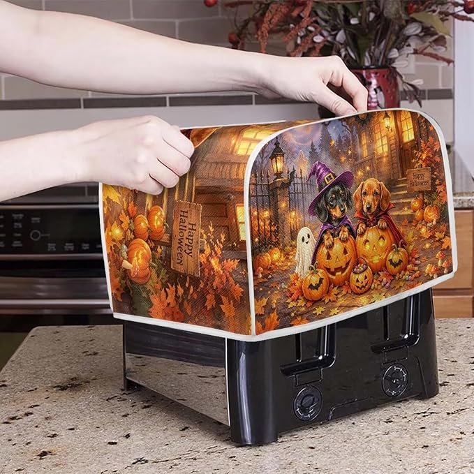 Dachshund Print Bread Machine Cover Pumpkin Ghost Print Toaster Cover 2 Slice Wide Slot Small Kitchen Appliance Covers for Halloween Decorations