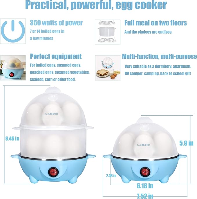 Electric Egg Boiler Cooker Rapid Poacher 7 or 14 Capacity Soft Medium Hard Boiled or Poached for Hard Boiled Scrambled Eggs or Omelets Steamed Vegetables Seafood w/Auto Shut Off Feature Blue