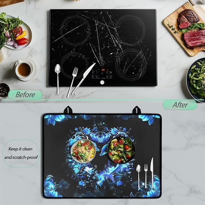 Dolphin Heart Stove Cover 30"x21" Heat Resistant Multi-Functional Counter Protector Non-slip Waterproof Mat for Glass Stovetop Protector Easy to Clean