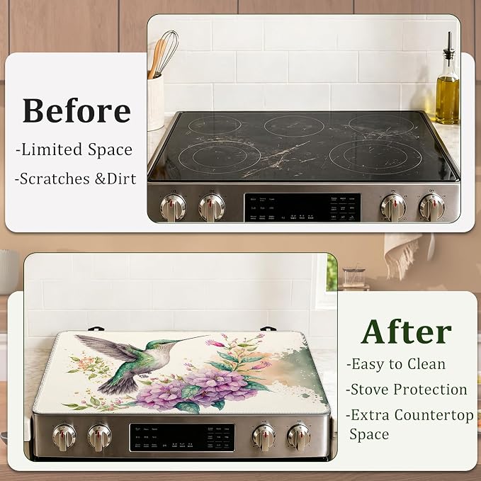 Stove Top Cover Hummingbird and Flowers 28.5x20.5Inch for Electric Stove,Heat Resistant Silicone Cooktop Protector,Glass Stove Cover Mat,Anti Scratch Countertop Protector