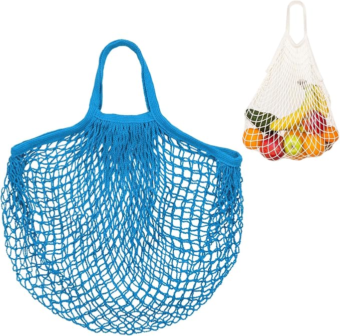 M METERXITY 1-Pack Cotton Mesh Bag, Reusable Washable Mesh Net String Grocery Bags, Reusable Produce Bags with Handle, Net Tote Bag for Fruits/Vegetables Shopping [Blue, Short Handle]