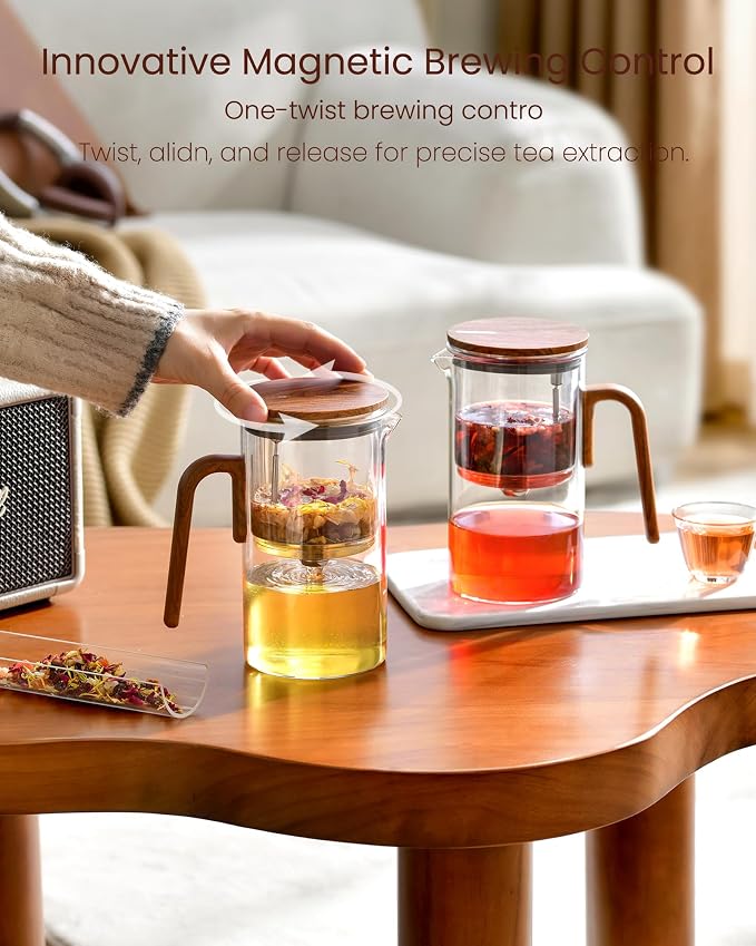 ZENS Magnetic Glass Infuser Teapot for Loose Tea, 28oz Magic Tea Maker | Glass Magnetic Teapot, Echanted Tea Pot with Infusers for Loose Tea Steeper, Tea Lovers Gift, Walnut Pattern