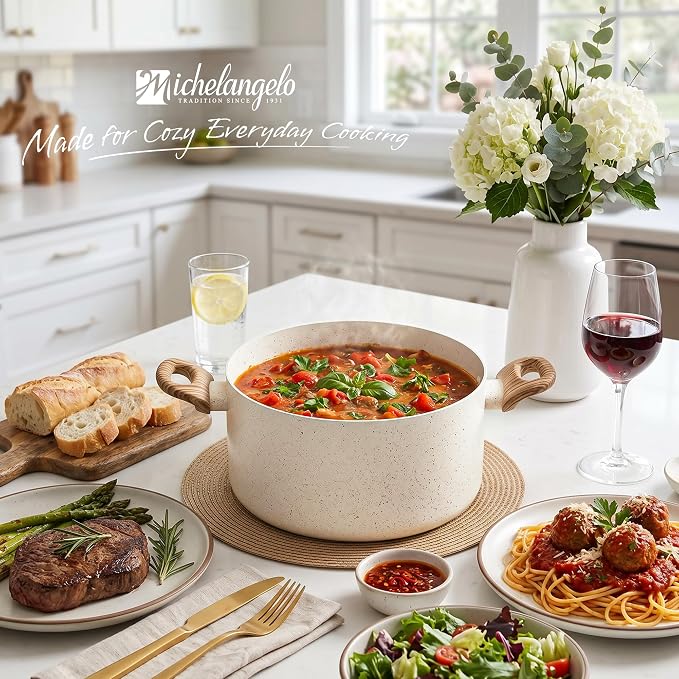 MICHELANGELO Nonstick Cooking Pot - 6 Quart Soup Pot with Lid for Family Meals, Non-Toxic Stockpot with Stay-Cool Handles, Induction Ready, Easy Cleanup, PFOA & PFOS Free