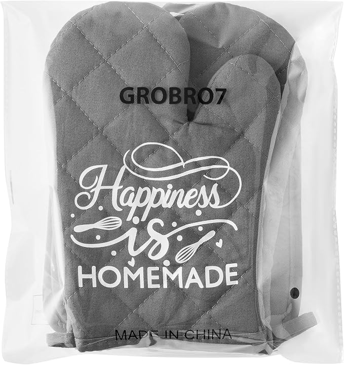 6Pcs Cotton Oven Mitts and Pot Holders Set Happiness is Homemade Heat Resistant Hot Pad Machine Washable Microwave Gloves with Hanging Loop Pocket Potholder for Kitchen Baking Cooking Grilling