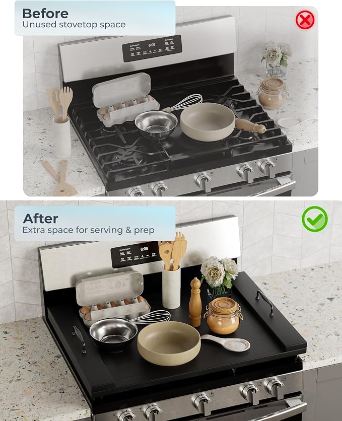 Bluewest Gas Stove Burner Covers, Wooden Noodle Board with Handle, Black | Extra-thick wooden RV stovetop and sink cover doubles as a tray, creating extra kitchen counter space for prep and serving.