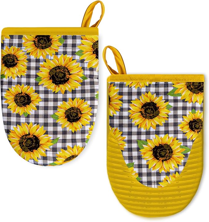 Ribbed Mini Oven Mitts 2-Pack Set, 5.5"x8.5", Sunflower Printed, Heavy Duty Cotton, Non-Slip Heat Resistant Soft Silicone Oven Mitts with Hanging Loop for Cooking Kitchen Decor