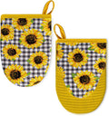 Ribbed Mini Oven Mitts 2-Pack Set, 5.5"x8.5", Sunflower Printed, Heavy Duty Cotton, Non-Slip Heat Resistant Soft Silicone Oven Mitts with Hanging Loop for Cooking Kitchen Decor