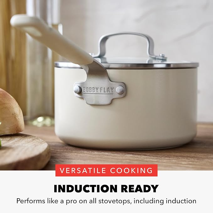 GreenPan x Bobby Flay 1.67QT Ceramic Nonstick Saucepan with Lid, Cream | PFAS-Free Diamond Ceramic Nonstick Chef Pan, Silicone Handle, Induction & All Stovetop Compatible, Dishwasher and Oven Safe