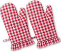 Twistover 2 Pack Oven Mitts, Cotton Checkered Kitchen Gloves,Red | 13.5x6.5 Inch Size with Ruffle Trim, Non-slip Heat Resistant for Baking BBQ Microwave, Plaid Cotton for Cooking