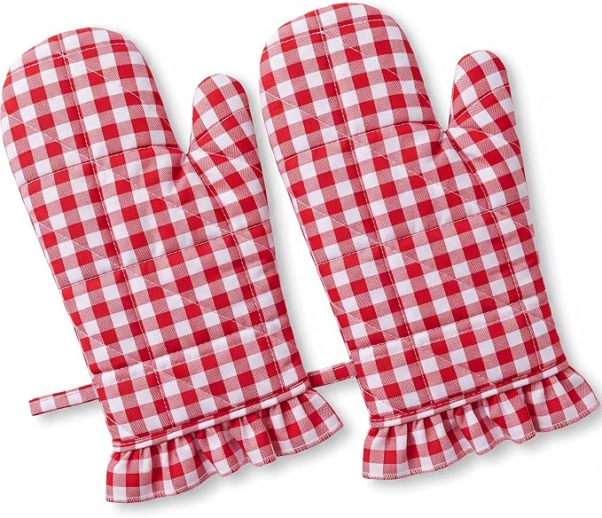 Twistover 2 Pack Oven Mitts, Cotton Checkered Kitchen Gloves,Red | 13.5x6.5 Inch Size with Ruffle Trim, Non-slip Heat Resistant for Baking BBQ Microwave, Plaid Cotton for Cooking