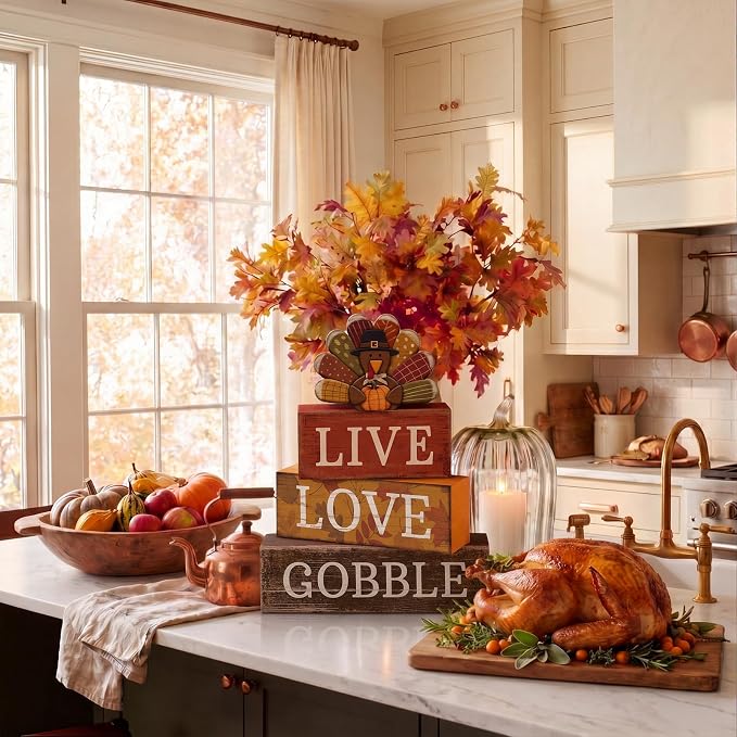 Lineshading 4 Pcs Thanksgiving Wooden Block Signs Turkey Tiered Tray Decor | Farmhouse Fall Table Centerpiece, Turkey Topper Sunflower Theme, Stacked Wood Blocks Live Love Gobble for Kitchen Shelf