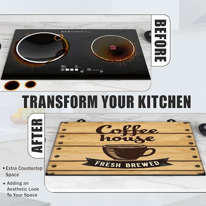 Coffee Cup Glass Top Stove Cover Protector,Rustic Wood Board Heat Resistant Stove Top Cover, Large Size Range Covers for Electric Stove Countertop Mat, 28 x 20 Inch