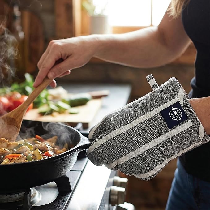 Encasa XO Oven Mitts and Pot Holders Set, Heat Resistant Cotton | Roma Grey Stripes, Diamond Quilted | Non-Slip Grip | Microwave & Oven Safe | Hanging Loop | Machine Washable | Set of 2