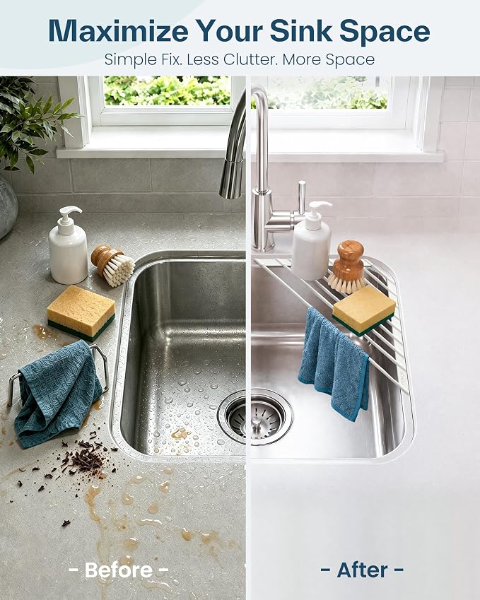 Ohuhu Corner Sink Strainer, Sponge Holder for Kitchen Sink Organizer - Silicone Wrapped Steel Anti Slip Rust Triangle Over the Sink Roll-UP Dish Drying Rack Caddy Kitchen Sink Accessories