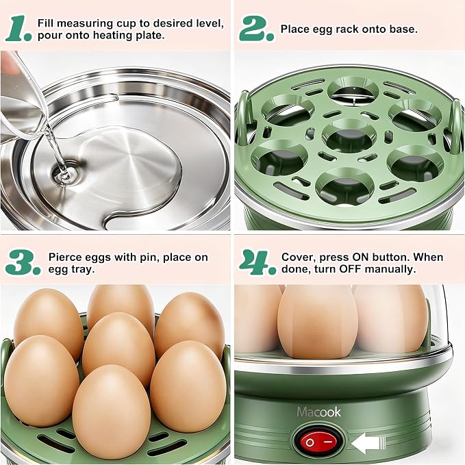 Macook Electric Egg Cooker for Easter, 7 Egg Capacity with Auto Shut-Off, Spring Green Hard Boiled Egg Maker, Ideal Easter Gift for Egg Decorating, Includes Measuring Cup