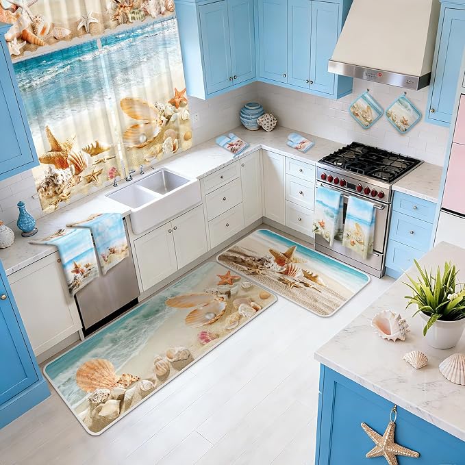 13 Pcs Beach Kitchen Decor Set 3 Seashell Kitchen Curtains Valance 2 Beach Rugs and Mats 4 Coastal Hand Towels 2 Pot Holders 2 Oven Mitts for Summer Home Decor Cooking Grilling Housewarming Gift