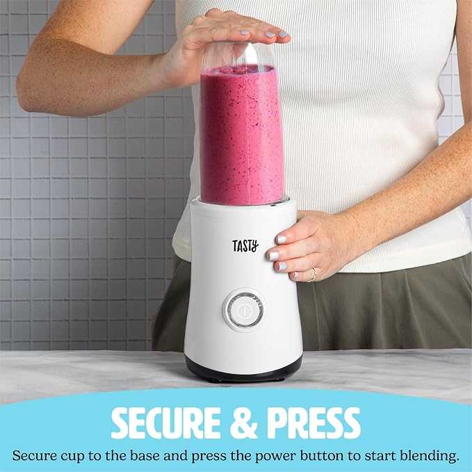 Tasty Personal Blender With Cups, 350W Powerful Blending Motor, 9-Piece Set With 4 Cups & Travel Lid, Compact & Portable, White