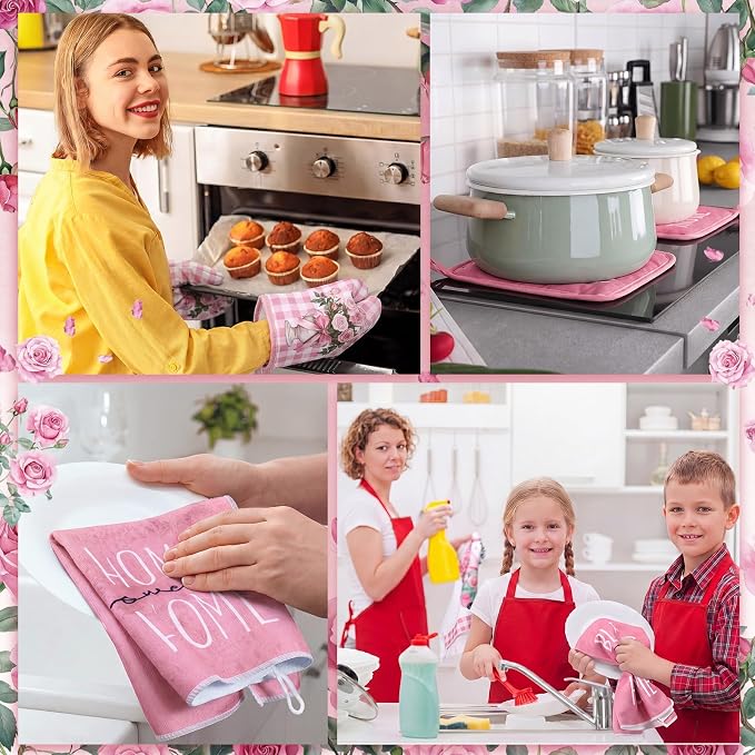 Fourluoo 16 Pcs Pink Rose Kitchen Decor Set Kitchen Towels Placemats Non Slip Rugs and Mats for Floor Oven Mitts Gloves Pot Holders Floral Curtains for Home Decoration Gift