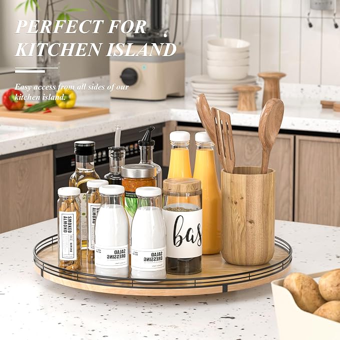 AMH 21-Inch Extra Large Farmhouse Oak Lazy Susan Organizer | Smooth rotating oak tray with walnut finish for dining tables, kitchen counters, pantries and cabinet storage.