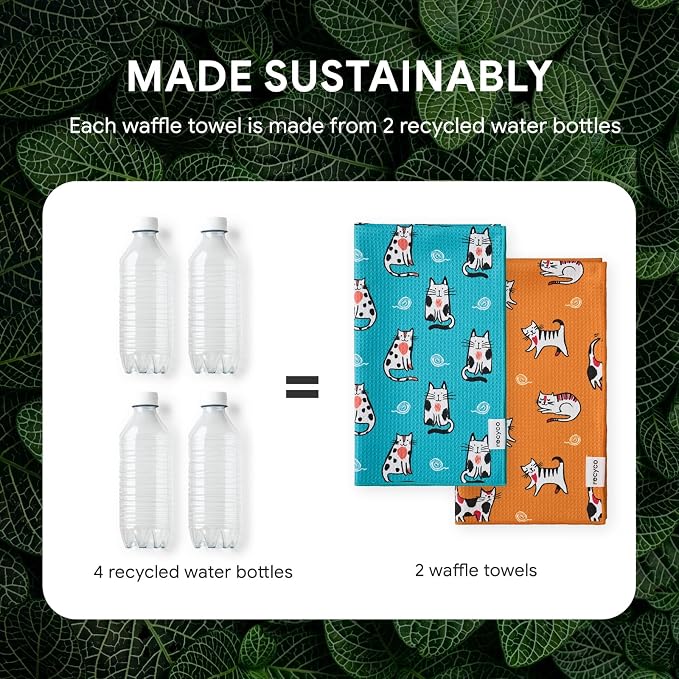 RECYCO Waffle Kitchen Towel Set of 2 - Quick Dry Microfiber Sustainable Dish Towels - Ultra Absorbent Reusable Cleaning Tea Towels - Lightweight Hand Towels,16”x 28”, Cuddly Cats