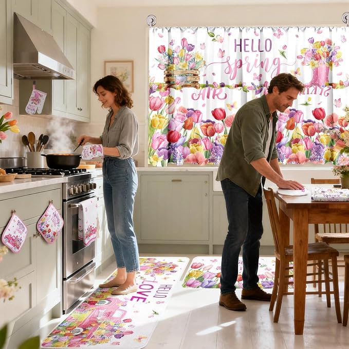 13 Pcs Hello Spring Kitchen Decor Set 3 Floral Kitchen Curtains Valance 2 Tulip Rugs and Mats 4 Spring Hand Towels 2 Paste Pot Holders 2 Oven Mitts for Home Decor Cooking Grilling Housewarming Gift