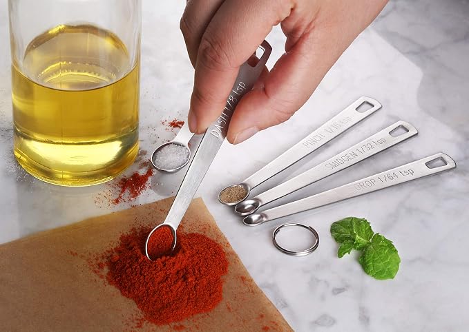 New Star Foodservice 42924 Stainless Steel Mini Measuring Spoons Set, 5-Piece Small Metal Measuring Spoon Set for Spices, Baking, Cooking, Dash, Pinch, Smidgen, Drop, Tad, Silver