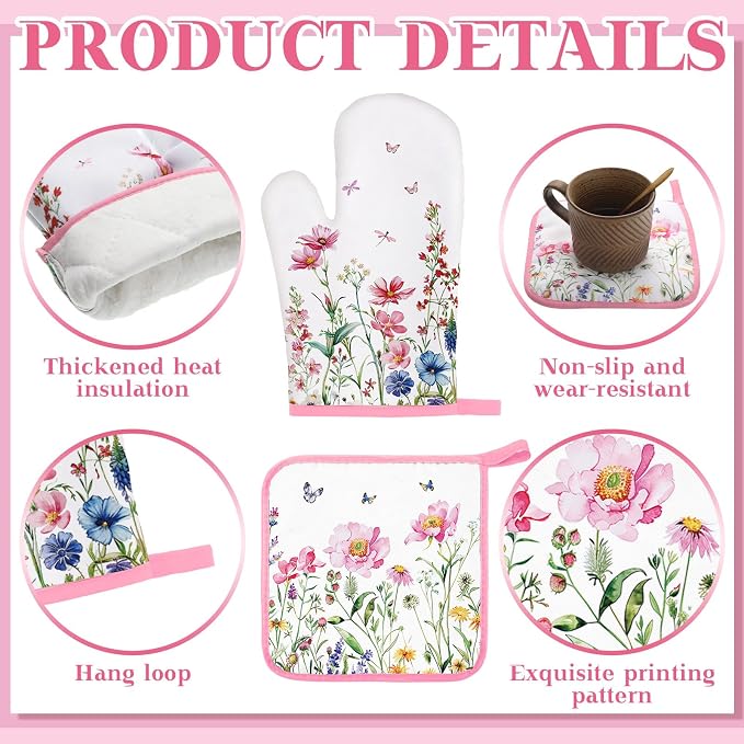 Fourluoo 10 Pcs Wildflower Kitchen Dish Towels Rugs Oven Mitts and Pot Holders Set Farmhouse Kitchen Decor Set for Women Mom Daughter Gift Cooking Baking Grilling (Pastel Pink White)
