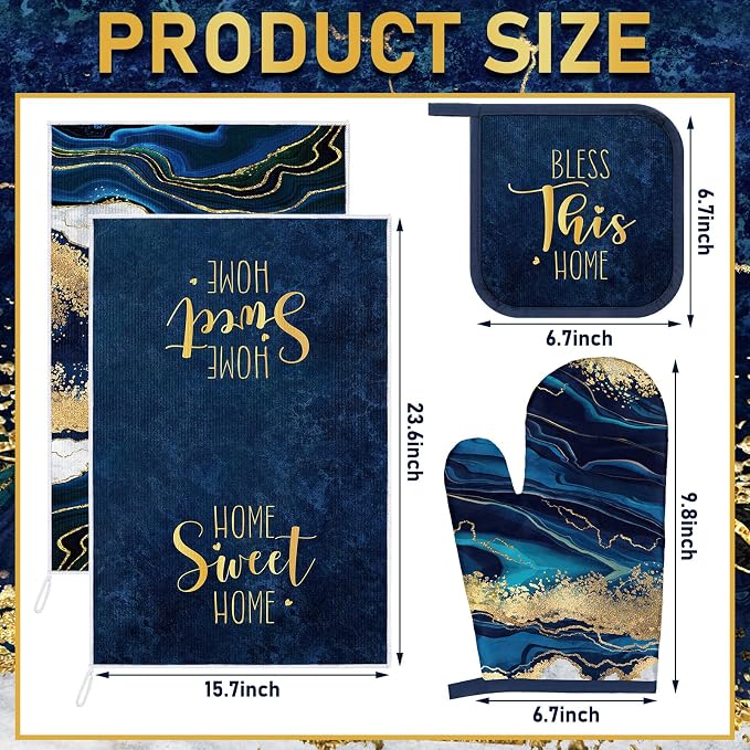 Leinuosen 8 Pcs Navy Blue and Gold Marble Kitchen Towels and Dishcloths Sets Oven Mitts and Pot Holders Absorbent Kitchen Gloves Potholders Heat Resistant for Chef Baking Cooking