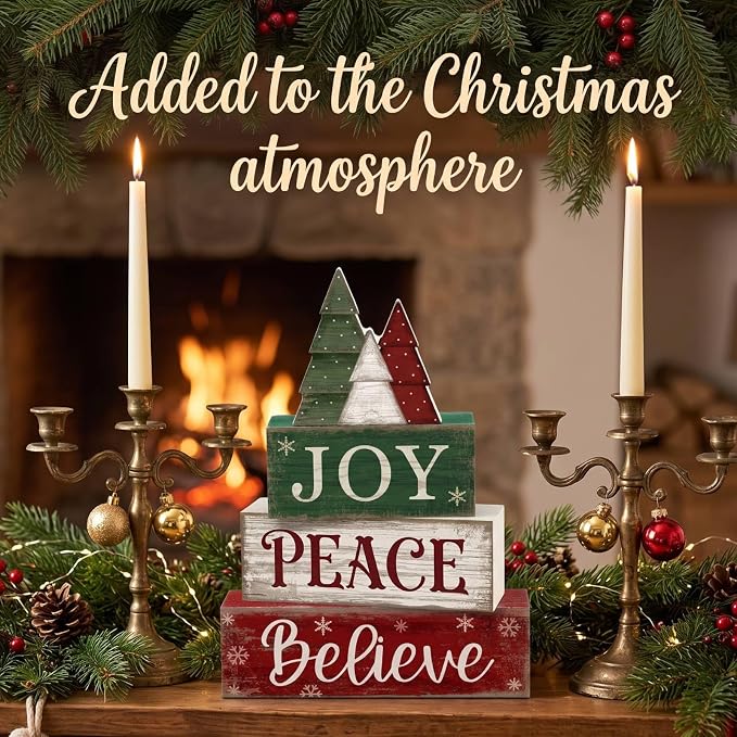 Lineshading 4 Pcs Christmas Table Decor, Wooden Tree Block Sign Home Tray | Red Green White Rustic Tree, Christmas Centerpiece For Tiered Tray, Wooden Block Display, Holiday Kitchen Shelf Home Decor