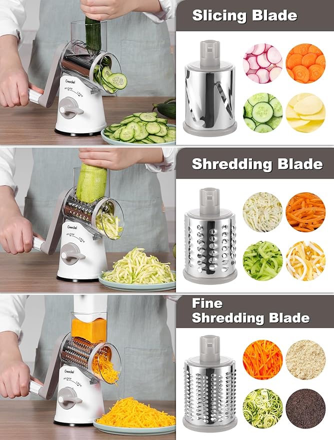 Geedel Rotary Cheese Grater Hand Crank, Cheese Shredder Vegetable Slicer | 5 Blades, 430 Stainless Steel, 12x Fast Cutting, Strong Suction Base, No BPA, Dishwasher Safe, for Cheese, Veggie, Nut