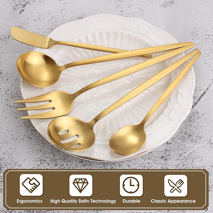 VANVRO Matte Gold Serving Silverware Set, 5-Piece Round Shared Utensils Set of Stainless Steel, Hostess Flatware Serving Set, Satin Finish, Dishwasher Safe