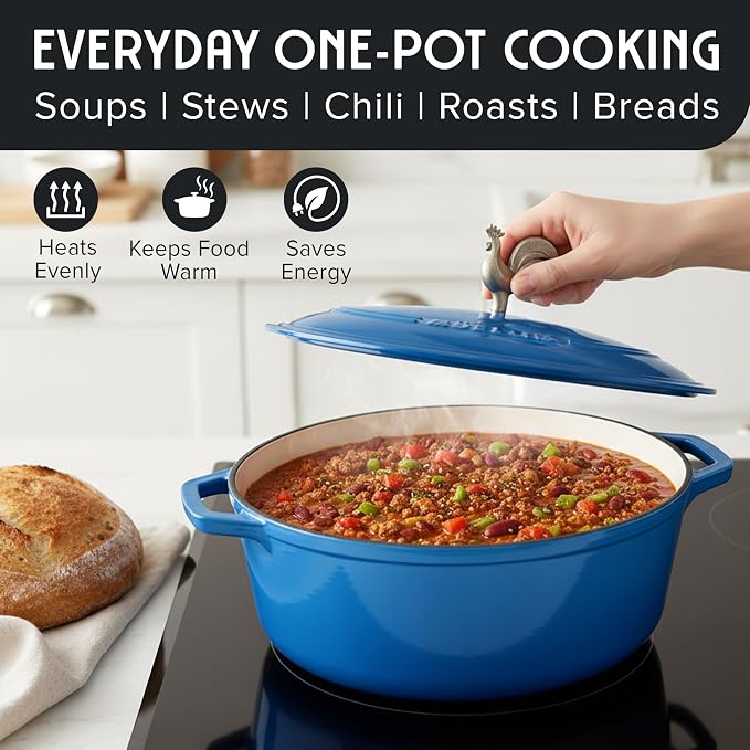 MUELLER HOME 5.5 Quart Enameled Cast Iron Oval Dutch Oven w Rooster Knob & Cotton Potholders, Heavy-Duty Cookware, Oven-Safe up to 500° F & Across All Cooktops, Gifts for Grandma & Women, Aqua Blue | w Rooster Knob & Cotton Potholders, Heavy-Duty Cookw...