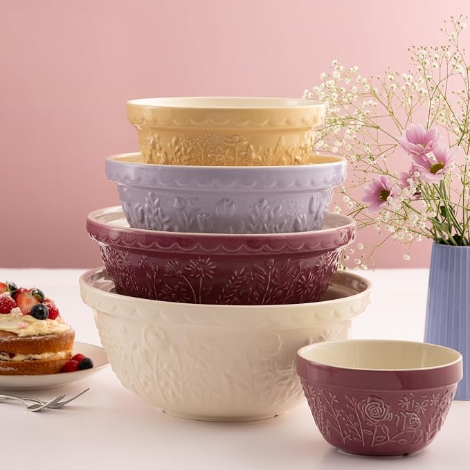 Mason Cash In the Meadow S24 Mixing Bowl, 2.15 Quart Mixing Bowl, Embossed Floral Tulip Design, Durable Ceramic Bowl for Baking Bread Dough, Cake Batter, Cookies & Kitchen Serving Bowl