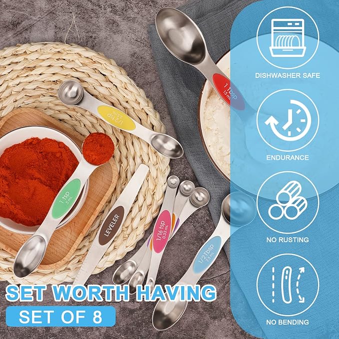 Aovchei 8 pcs Multi-Color Magnetic Measuring Spoons Set | Dual Sided, Stainless Steel Small Tablespoon, Teaspoons, Fits in Spice Jars, for Dry and Liquid