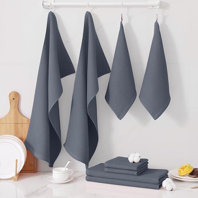 Homaxy 8 Pack 100% Cotton Kitchen Towels and Dishcloths Set, Dark Grey | 12 x 12 Inches and 13 x 28 Inches Kitchen Towels Set, Ultra Soft Absorbent Dish Cloths for Washing Dishes