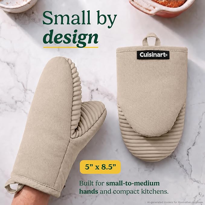 Cuisinart Mini Oven Mitts, 2-Pack 5"x8.5", Heat Resistant 500F | Compact pot holder for baking, air fryer, and cookware, silicone non-slip grip, hanging loop, fits either hand, wipes clean