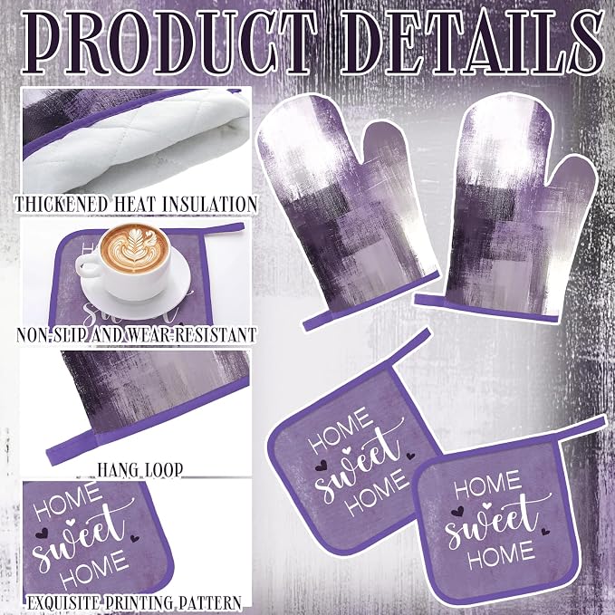 Bencailor 6 Pcs Lavender Purple Kitchen Accessories Purple Kitchen Towels Pot Holders and Oven Mitts Farmhouse Cooking Mittens Oven Glove and Potholder for Baking Cooking Grilling Supply Accessories