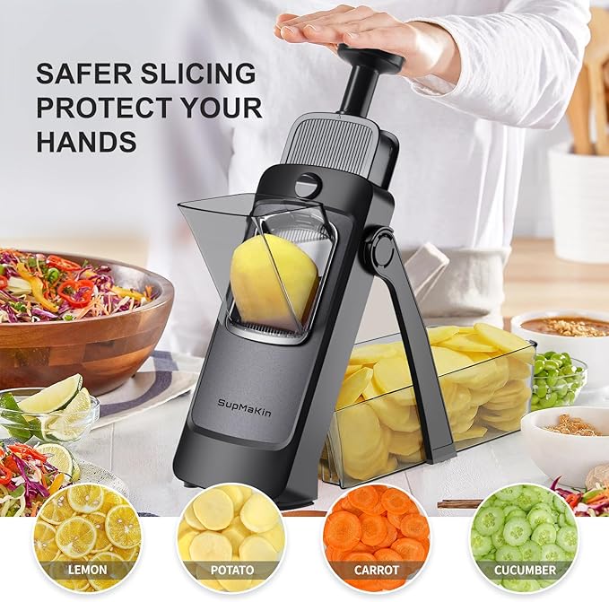 SupMaKin Safe Mandoline Slicer, Upgraded Adjustable Chips Slicer 1-8 mm | Vegetables Fruits Slicer with Container Grater, Stainless Steel Blade,Faster Slicer Artifact Kitchen Gadgets Dishwasher Gifts