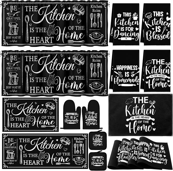 Fourluoo 16 Pcs Kitchen Decor Set, Farmhouse Kitchen Towels and Dishcloths Black White Quote Non Slip Rugs Mats for Floor Oven Mitts and Pot Holders Placemats Curtains Set for Home Decor Gift