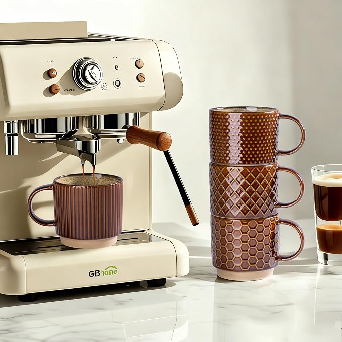 GBhome 12 OZ Stackable Coffee Mugs Set of 4, Ceramic Coffee Cups Set | 4 Assorted Designs, Embossed Mugs with Texture Patterns for Tea/Coffee, Dishwasher&Microwave Safe, Caramel